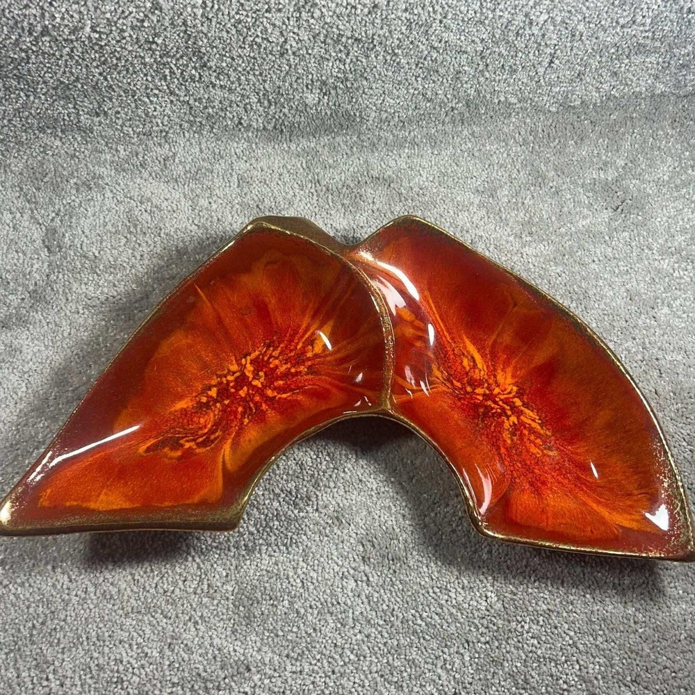 USA Pottery 385 Divided Dish Orange Red Lava Drip MCM Boomerang Serving Bowl 15"
